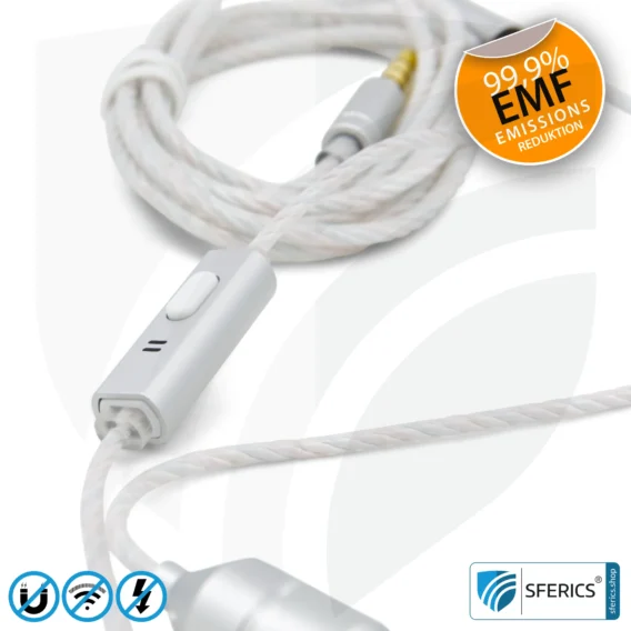Luftkabel ergonomisch geformtes Stereo Headset mit Mikrofon | AirTube MINI | strahlungsfreie Technologie ohne Elektrosmog | weiss-silber | mit Klinkenstecker