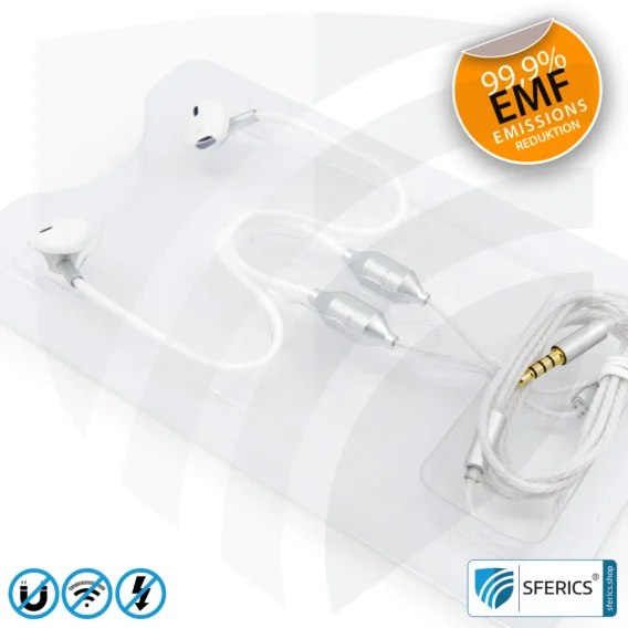 Luftkabel ergonomisch geformtes Stereo Headset mit Mikrofon | AirTube MINI | strahlungsfreie Technologie ohne Elektrosmog | weiss-silber | mit Klinkenstecker