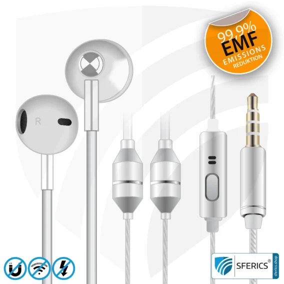 Luftkabel ergonomisch geformtes Stereo Headset mit Mikrofon | AirTube MINI | strahlungsfreie Technologie ohne Elektrosmog | weiss-silber | mit Klinkenstecker