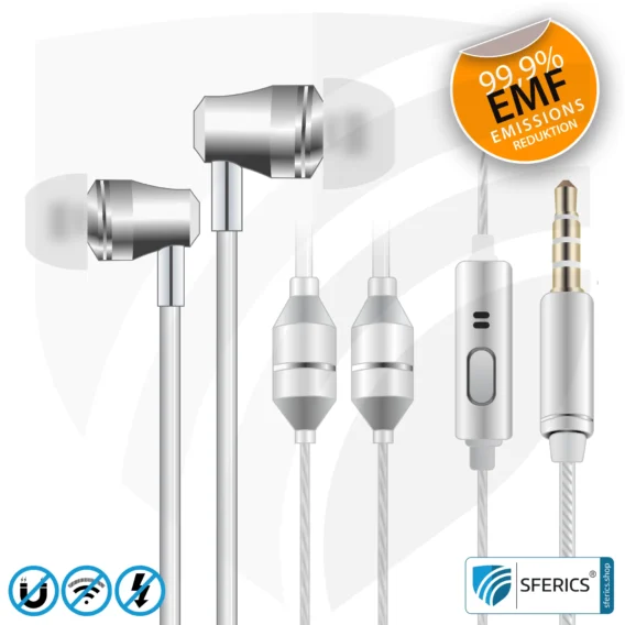 Luftkabel In-Ear Stereo Headset mit Mikrofon | SFERICS® AirTube SMART | strahlungsfreie Technologie ohne Elektrosmog | weiss-silber | mit Klinkenstecker