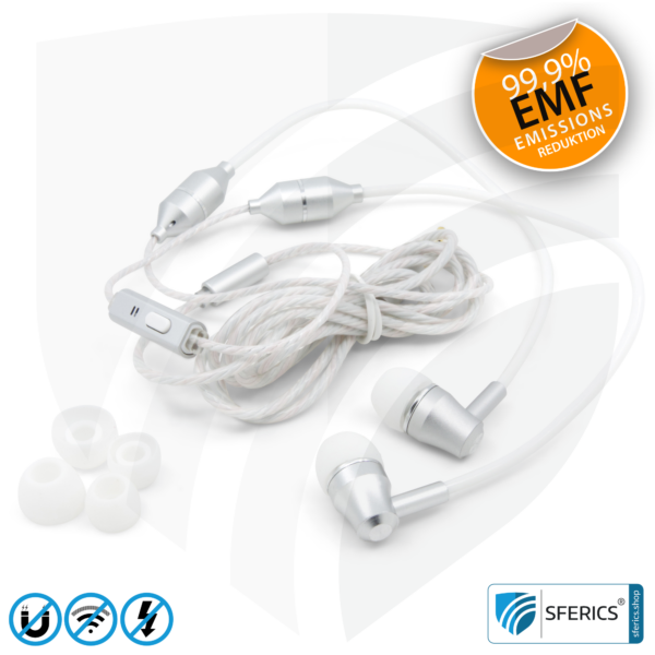 Luftkabel In-Ear Stereo Headset mit Mikrofon | AirTube SMART | strahlungsfreie Technologie ohne Elektrosmog | weiss-silber | mit Klinkenstecker