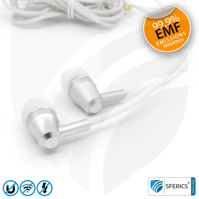 Luftkabel In-Ear Stereo Headset mit Mikrofon | AirTube SMART | strahlungsfreie Technologie ohne Elektrosmog | weiss-silber | mit Klinkenstecker