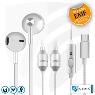 Luftkabel ergonomisch geformtes Stereo Headset mit Mikrofon | SFERICS® AirTube MINI | strahlungsfreie Technologie ohne Elektrosmog | weiss-silber | mit USB C Stecker