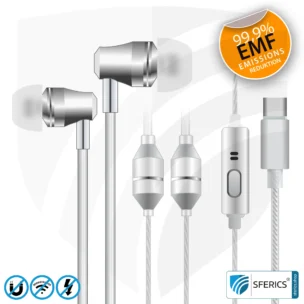 Luftkabel In-Ear Stereo Headset mit Mikrofon | SFERICS® AirTube SMART | strahlungsfreie Technologie ohne Elektrosmog | weiss-silber | mit USB C Stecker