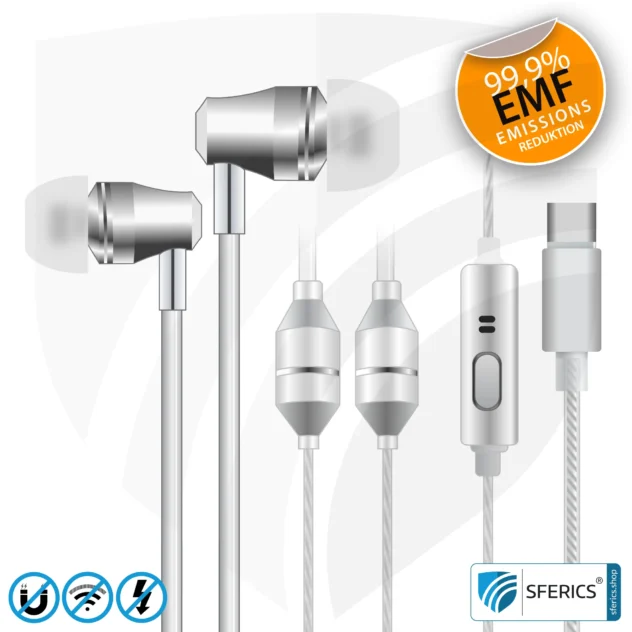 Luftkabel In-Ear Stereo Headset mit Mikrofon | SFERICS® AirTube SMART | strahlungsfreie Technologie ohne Elektrosmog | weiss-silber | mit USB C Stecker