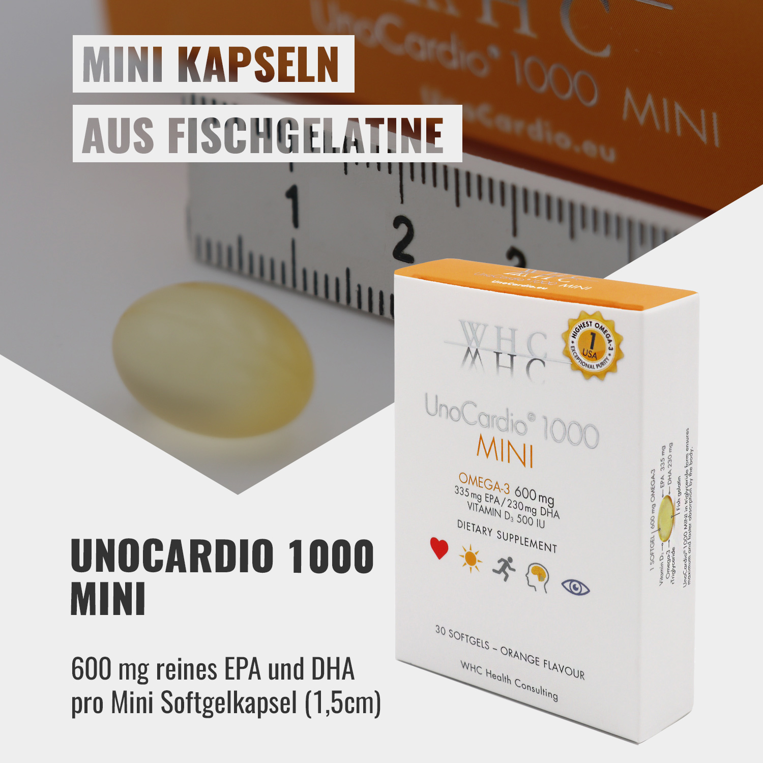 MINI KAPSELN AUS FISCHGELATINE | UnoCardio 1000 MINI - 600 mg reines EPA und DHA pro Mini Softgelkapsel (1,5 cm)