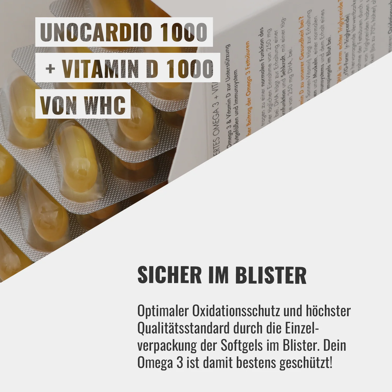 UNOCARDIO 1000 + VITAMIN D 1000 von WHC | SICHER IM BLISTER - Optimaler Oxidationsschutz und höchster Qualitätsstandard durch die Einzelverpackung der Softgels im Blister. Dein Omega 3 ist damit bestens geschützt!