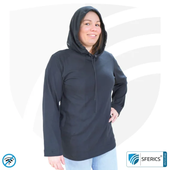 Abschirmender Hoodie, schwarz | Langarm T-Shirt mit Kaputze | Schutz bis 40 dB vor HF Elektrosmog (Handy, WLAN, LTE) | strapazierfähig, aus Black-Jersey Abschirmstoff | 5G ready!