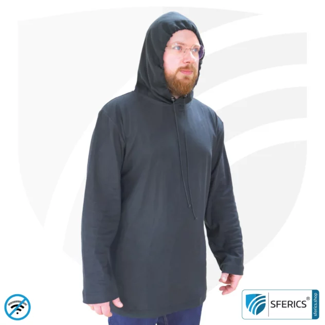 Abschirmender Hoodie, schwarz | Langarm T-Shirt mit Kaputze | Schutz bis 40 dB vor HF Elektrosmog (Handy, WLAN, LTE) | strapazierfähig, aus Black-Jersey Abschirmstoff | 5G ready!