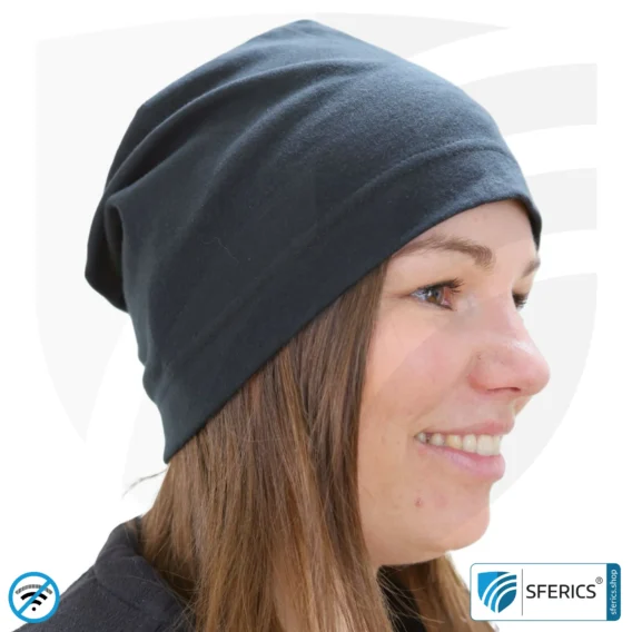 Mütze, schwarz + abschirmend | Schutz bis 40 dB vor HF Elektrosmog (Handy, WLAN, LTE) | Black-Jersey | 5G ready!