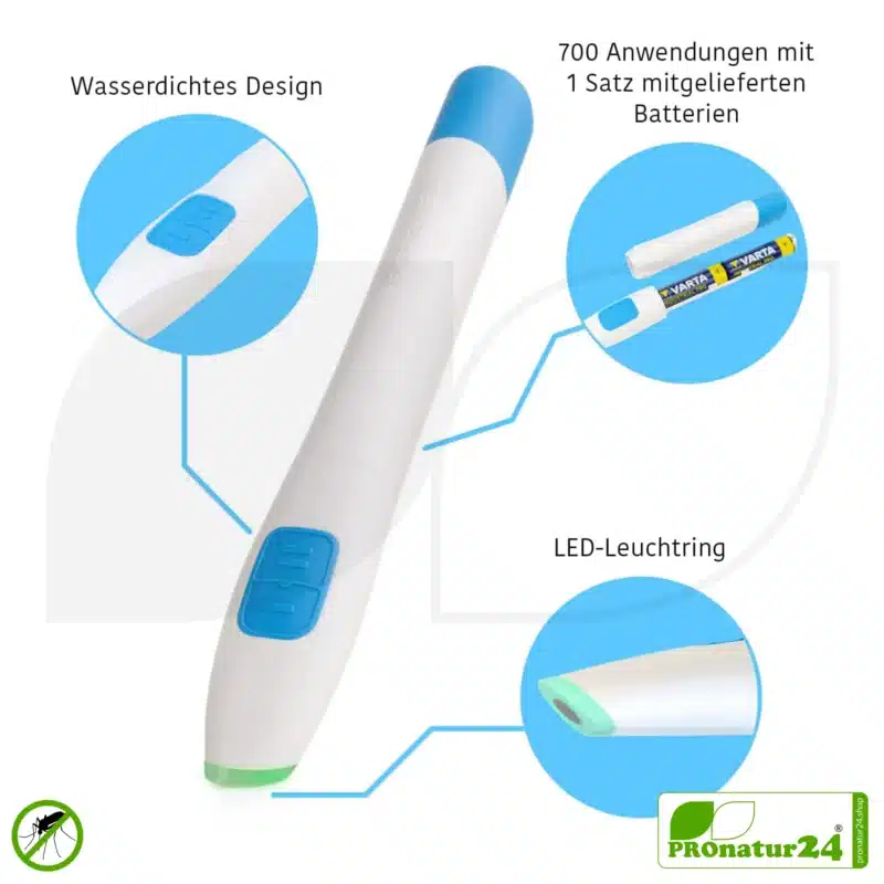 bite away® neo elektronischer Stichheiler mit LED Ring | ORIGINAL Stichheiler gegen Juckreiz bei Insektenstichen | chemiefrei | wasserdicht | stummschaltbar