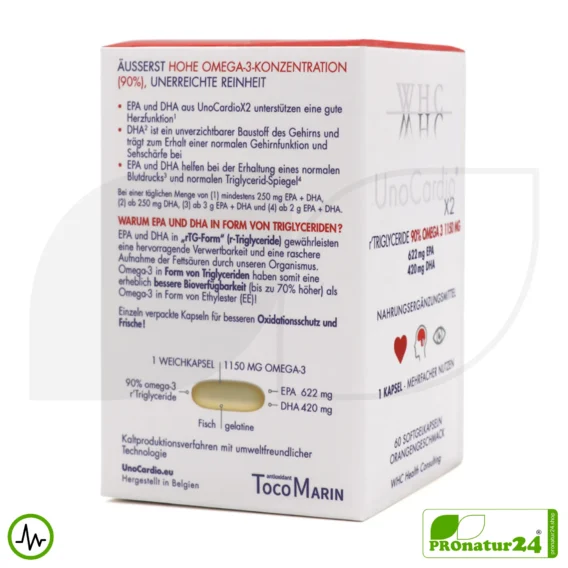 WHC UnoCardio® X2 | 90% OMEGA-3 Fettsäuren - 1150 mg | 60 Softgelkapseln mit Orangengeschmack