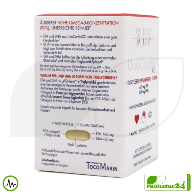 WHC UnoCardio® X2 | 90% OMEGA-3 Fettsäuren - 1150 mg | 60 Softgelkapseln mit Orangengeschmack