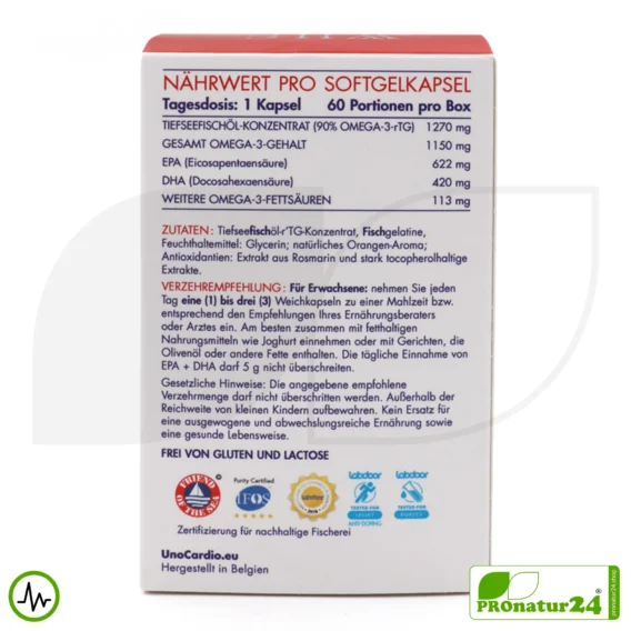 WHC UnoCardio® X2 | 90% OMEGA-3 Fettsäuren - 1150 mg | 60 Softgelkapseln mit Orangengeschmack