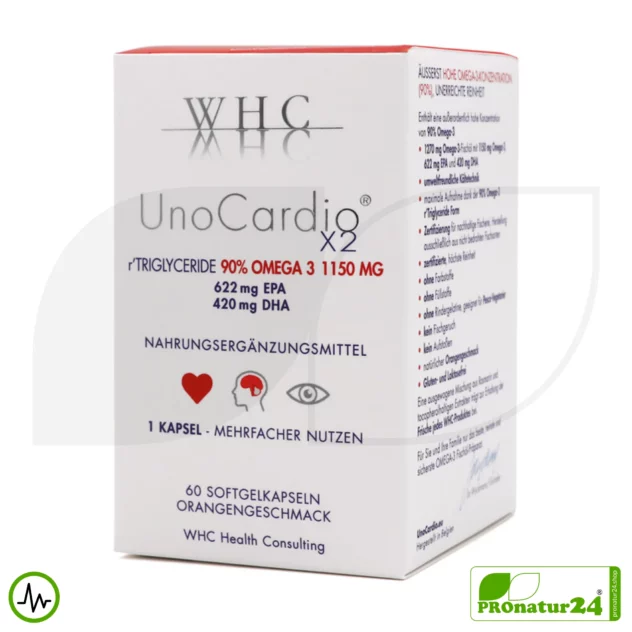 WHC UnoCardio® X2 | 90% OMEGA-3 Fettsäuren - 1150 mg | 60 Softgelkapseln mit Orangengeschmack
