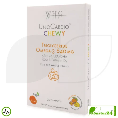 WHC UnoCardio® CHEWY | 640 mg OMEGA-3 Fettsäuren | 30 Gummies für Kinder | Fruchtig nach Zitrone, Orange und Maracuja | Ohne Zucker