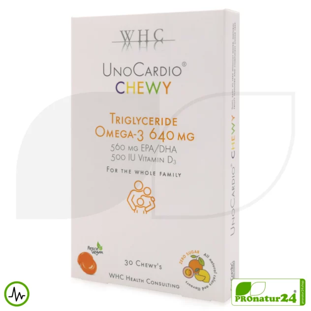WHC UnoCardio® CHEWY | 640 mg OMEGA-3 Fettsäuren | 30 Gummies für Kinder und die ganze Familie | Fruchtig nach Zitrone, Orange und Maracuja