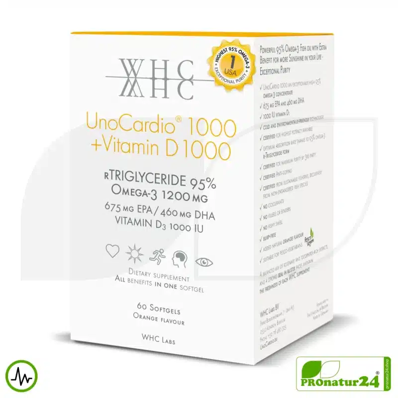 WHC UnoCardio® 1000 + Vitamin D 1000 | OMEGA-3 Fettsäuren | 60 Weichkapseln