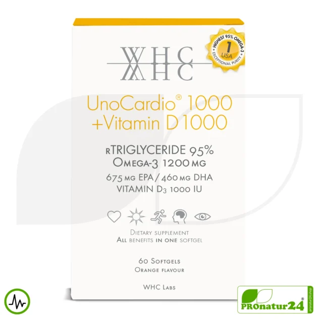 WHC UnoCardio® 1000 + Vitamin D 1000 | OMEGA-3 Fettsäuren | 60 Weichkapseln