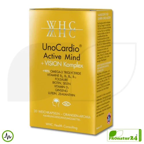 WHC UnoCardio® Active Mind + VISION Komplex | 30 Weichkapseln mit natürlichem Orangenaroma