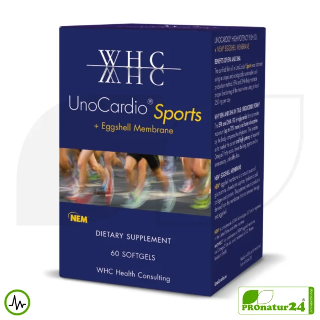 WHC UnoCardio® Sports | Omega-3 Fischöl und Eierschalenmembran in Kombination | ideal bei körperlicher Belastung | 60 Weichkapseln