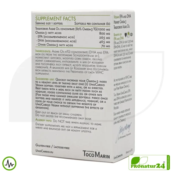 WHC UnoCardio® Vegan | höchste Konzentration bei veganen Omega-3 Kapseln | OMEGA-3 Fettsäuren | 30 Weichkapseln