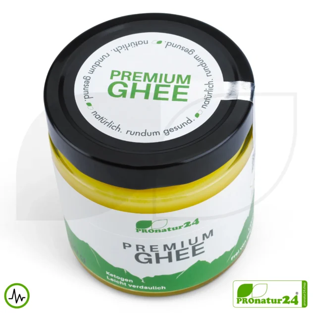 PREMIUM GHEE | Ayurvedisches Butterschmalz, zu 100% aus Heumilch (zertifizierte Weidehaltung AT) | von Hand abgefüllt im Glas | perfekt für Low Carb und Ketogene Ernährung