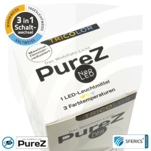 9 Watt LED TRICOLOR Pure-Z NEO | 3in1 = 3 umschaltbare Lichtfarben | Hell wie 80 Watt, 850 Lumen | CRI über 90 | flimmerfrei | E27