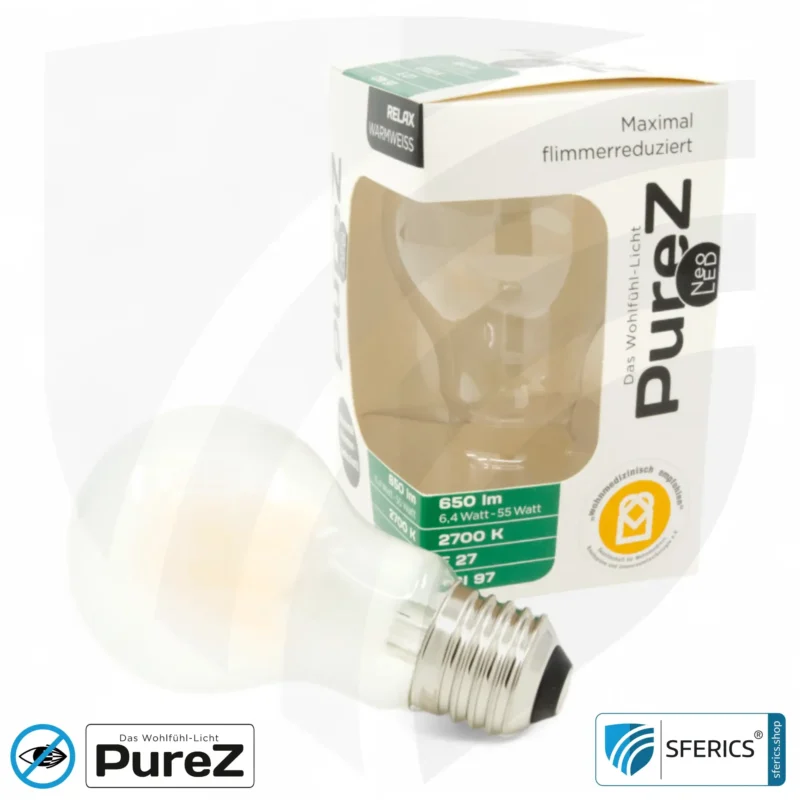 6,4 Watt LED Filament Pure-Z NEO | Hell wie 55 Watt, 650 Lumen | CRI 97 | flimmerfrei | warmweiß | E27. matt.