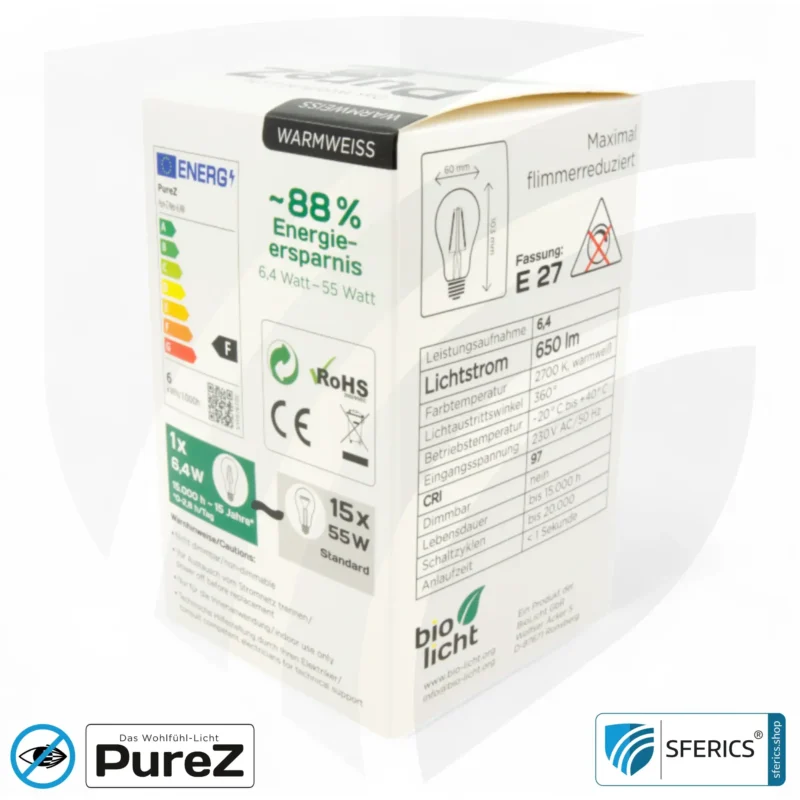 6,4 Watt LED Filament Pure-Z NEO | Hell wie 55 Watt, 650 Lumen | CRI 97 | flimmerfrei | warmweiß | E27. matt.