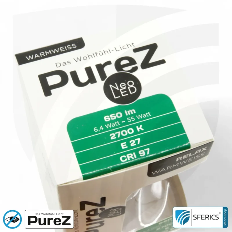 6,4 Watt LED Filament Pure-Z NEO | Hell wie 55 Watt, 650 Lumen | CRI 97 | flimmerfrei | warmweiß | E27. klar.