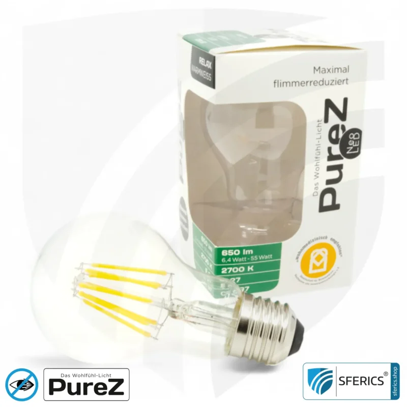 6,4 Watt LED Filament Pure-Z NEO | Hell wie 55 Watt, 650 Lumen | CRI 97 | flimmerfrei | warmweiß | E27. klar.