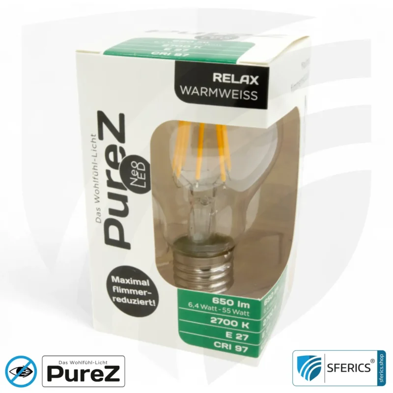 6,4 Watt LED Filament Pure-Z NEO | Hell wie 55 Watt, 650 Lumen | CRI 97 | flimmerfrei | warmweiß | E27. klar.