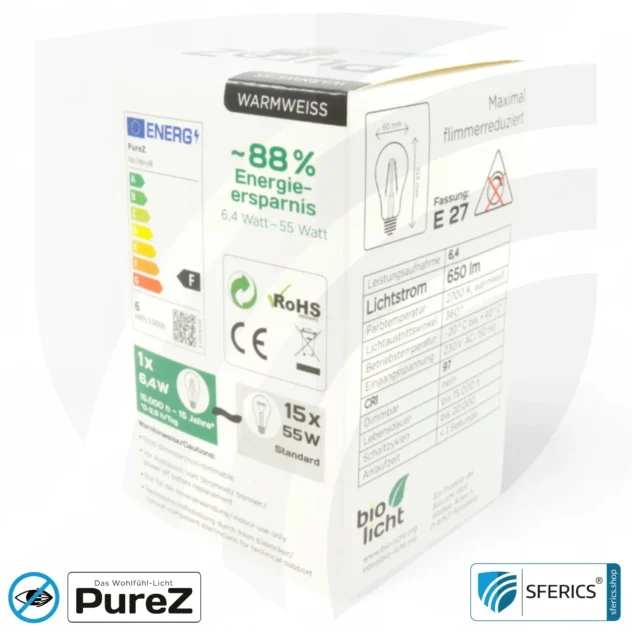 6,4 Watt LED Filament Pure-Z NEO | Hell wie 55 Watt, 650 Lumen | CRI 97 | flimmerfrei | warmweiß | E27. klar.