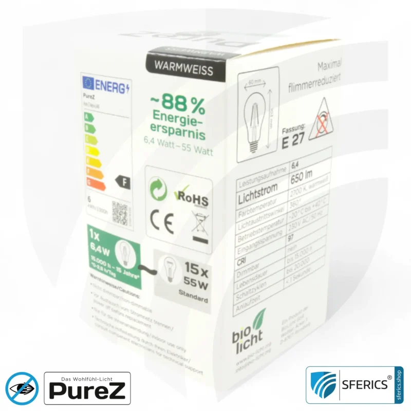 6,4 Watt LED Filament Pure-Z NEO | Hell wie 55 Watt, 650 Lumen | CRI 97 | flimmerfrei | warmweiß | E27. klar.