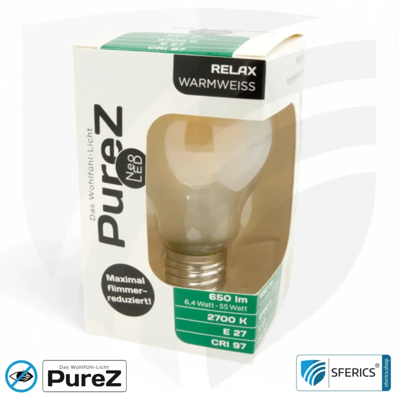 6,4 Watt LED Filament Pure-Z NEO | Hell wie 55 Watt, 650 Lumen | CRI 97 | flimmerfrei | warmweiß | E27. matt.